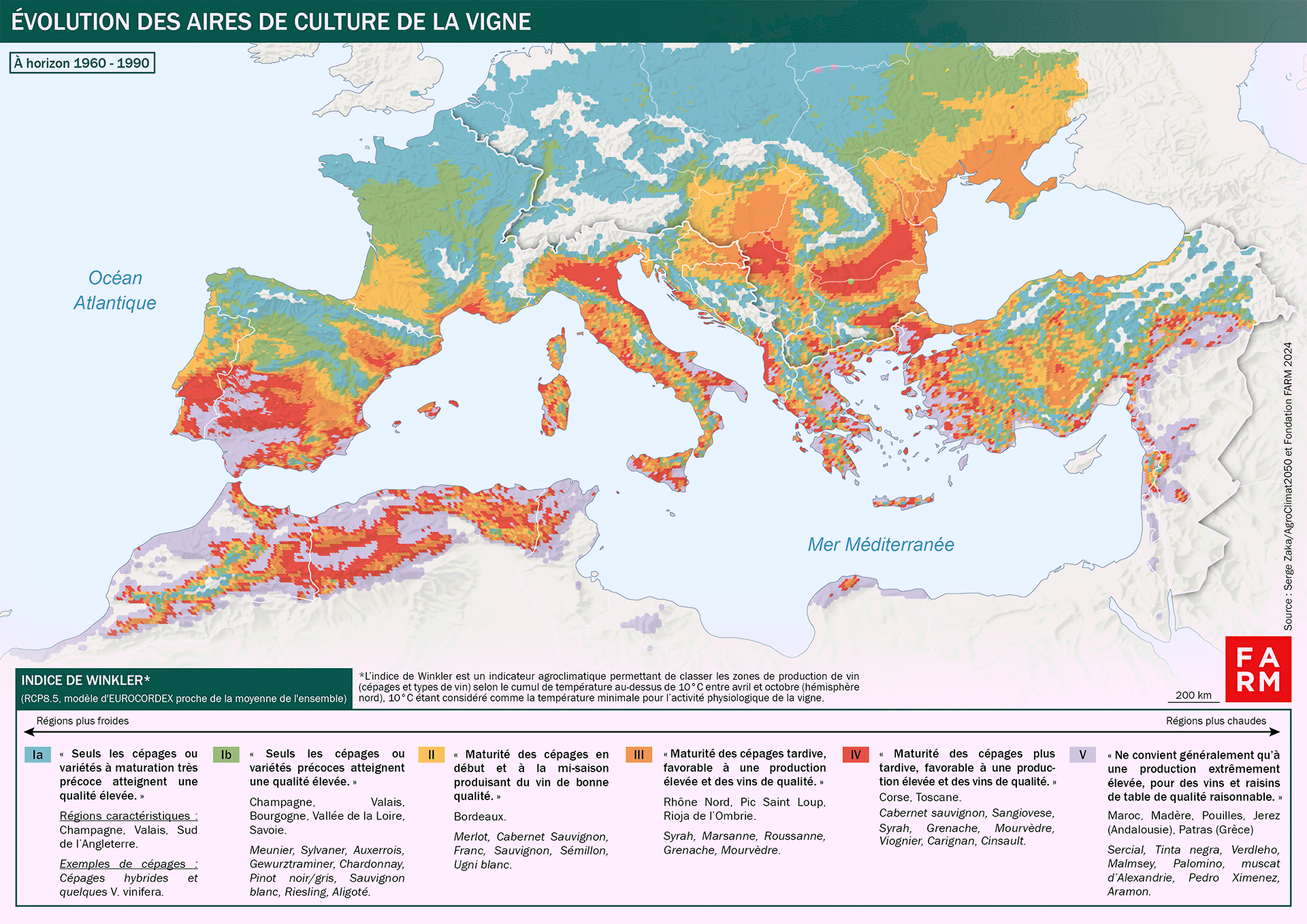 v3-GIF-Carte-Vignes-AACC-Med-HD Cartes montrant l'évolution des aitres de culture de la vigne à l'horizon 2100.. Serge Zaka pour FARM.
